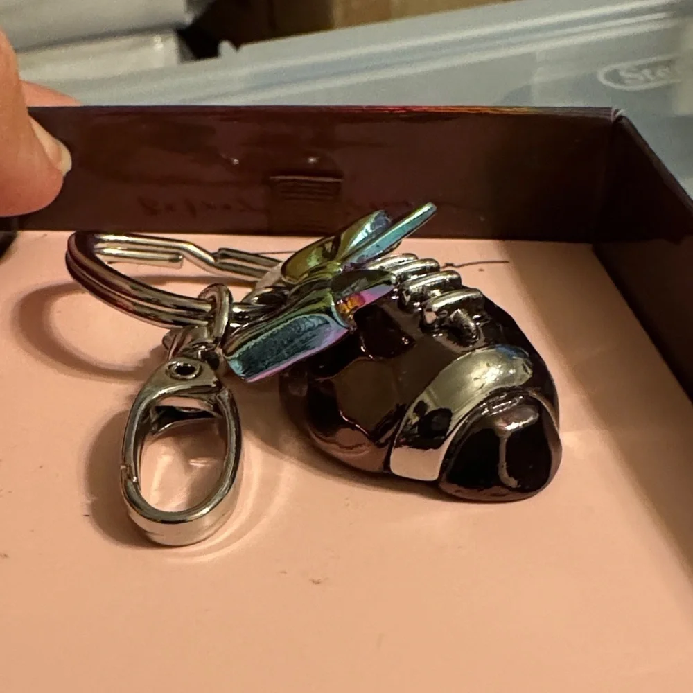 NWT BETSEY JOHNSON Football Bow Heart Key Fob Purse Charm Keychain w/ Gift Box